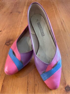 Vintage 80s 90s Naturalizer Pink, Purple, and Blue Colour Block Kitten Heels